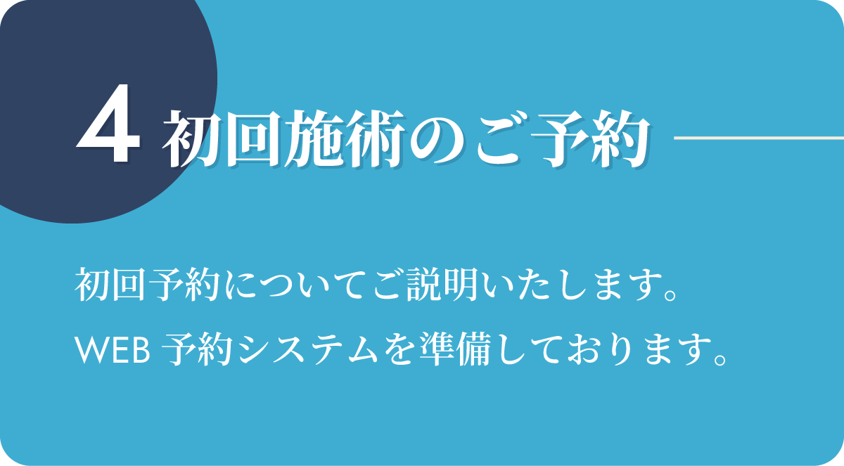 4.初回施術のご予約:初回予約についてご説明いたします。WEB予約システムを準備しております。