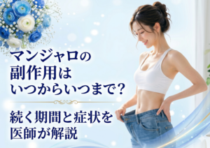 広島にある美容皮膚科　アークリシュ美容皮フ科のマンジャロの副作用が現れる期間について解説したコラムのアイキャッチ画像です。