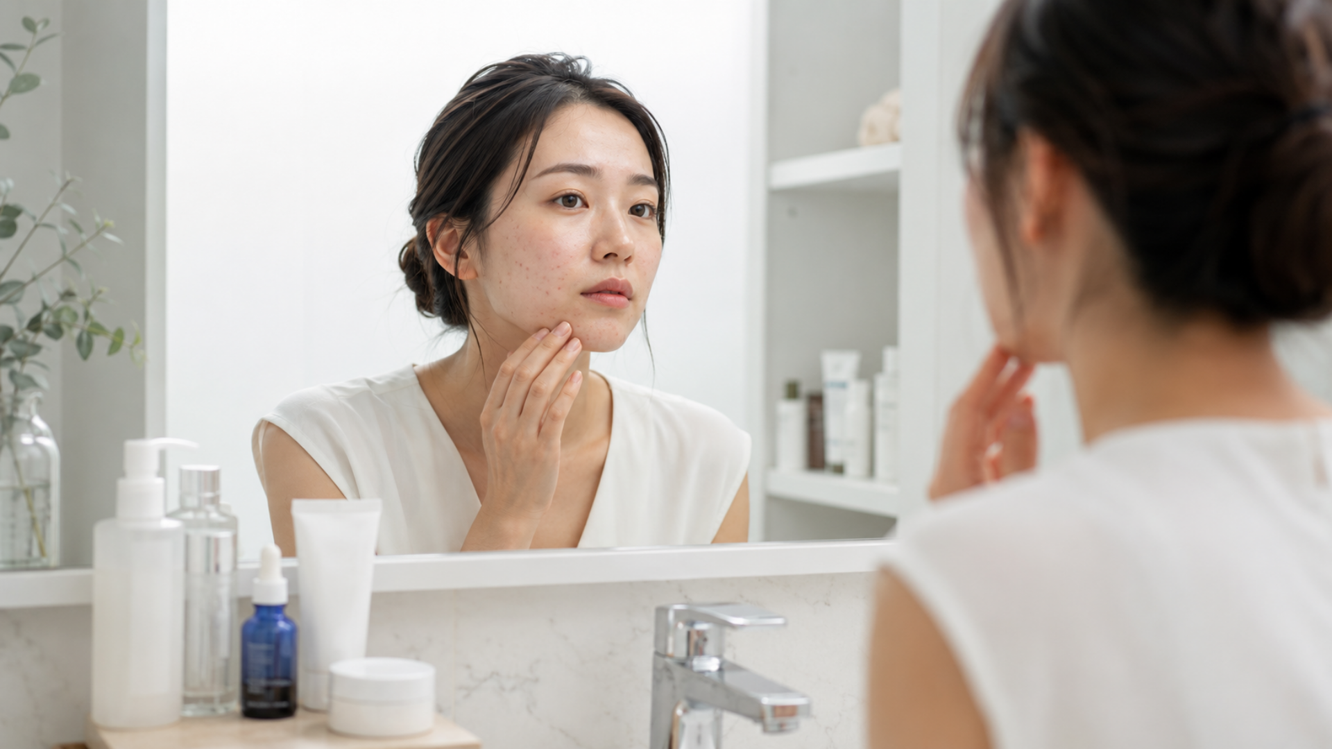 ニキビを気にしながら鏡で肌を確認する女性