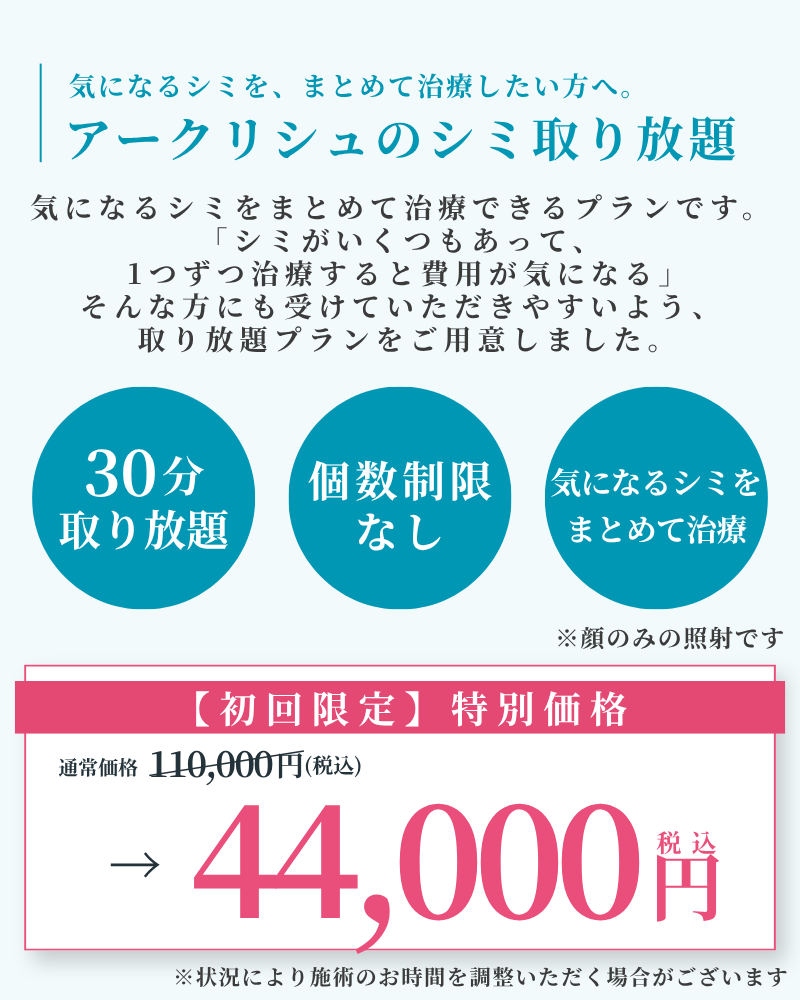 広島の美容皮膚科の毛穴・ニキビ改善治療キャンペーン、シミ取り放題キャンペーン